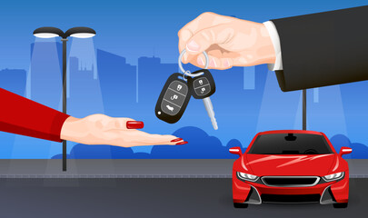 Hands giving keys in night city parking of red luxury, sport car, expensive automobile. Woman and agent at deal purchase sell, rent. Realistic men hand in black suit with keys. Vector illustration