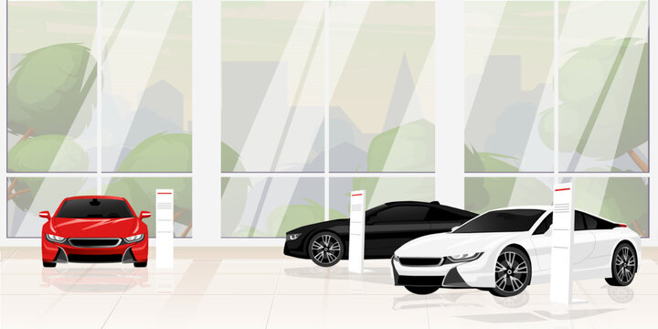 Car showroom, auto dealership. Hall interior with big windows. Glass showcase. Urban business, sale of new vehicles, luxury sport transport. Inside building red, black, white cars. Vector illustration