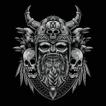viking skull with raven vector illustration