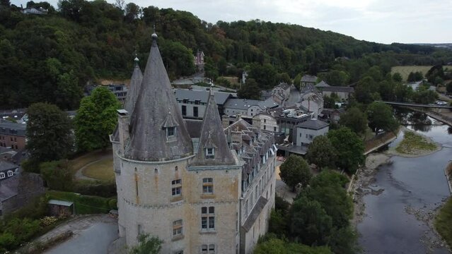 Medieval castle of Durbuy and river Ourthe. Touristic place at the Belgian Ardennes, Aerial