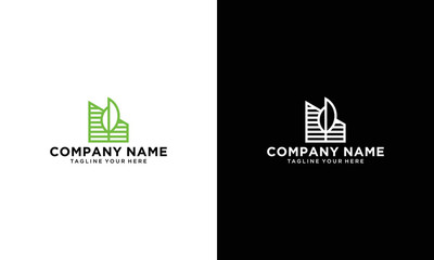 the leaf logo combination with the building represents a real estate property. editable and easy to custom on a black and white background.