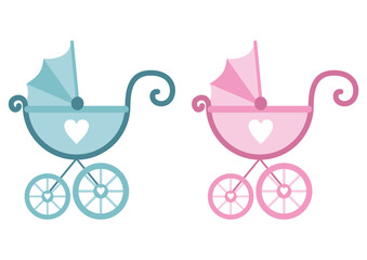 Fototapeta na wymiar Cute blue and pink baby carriage