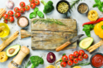 Set of organic food. Defocused food background. Top view. Free space for your text.