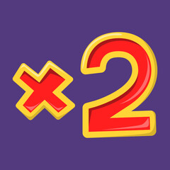 2x game icon. Vector symbol of gambling bonus. Lucky number, jackpot. Red and yellow text.