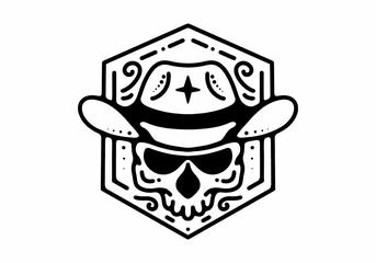 Skull with cowboy hat Black and white line art mono line tattoo