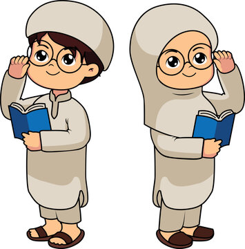 Cute Muslim Kids Cartoon Reading Book
