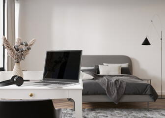 Laptop and headphones on table at home. Distance education, courses, online training, learning concept. Work from home, working online. Shopping via internet. E-commerce. Modern interior. 3D render.