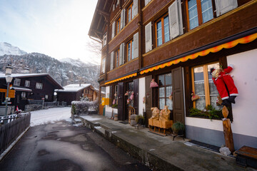 Gimmelwald , beautiful mountain village , wooden houses near Murren and Stechelberg during winter ...