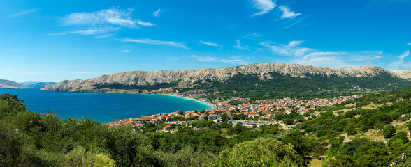 Fototapeta premium High angle view of coastline town Baska, Krk Island , Croatia