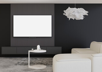LED TV with blank white screen, hanging on the wall at home. TV mock up. Copy space for advertising, movie, app presentation. Empty television screen ready for your design. Modern interior. 3D render.