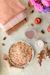 Homemade apple pie on a white background near the window close-up and copy space