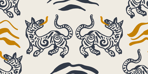 Naklejka premium Hand drawn cute exotic pattern with funny creatures. Dynamic abstract drawing. Fashionable template for design. Modern cartoon style. Line art.