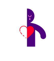 Half of man icon with heart lonely and missing his mate lover girlfriend, divorce breakup and loneliness vector concept symbol, stylish illustration of broken relations.
