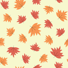 Fototapeta na wymiar Vector cartoon autumn minimal yellow and red maple leaves seamless pattern, cute doodle wallpaper illustration