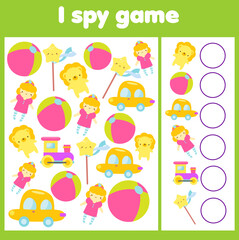 I spy game. Find and count objects. Toys theme counting activity for kids, toddlers, children