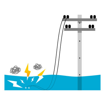 Electric Wire Of High Voltage Electric Pole Broken Damaged And Short Circuit Spark Electricity Current To Water Flood Cause Danger Electrocution Risk Flat Icon Vector Design.