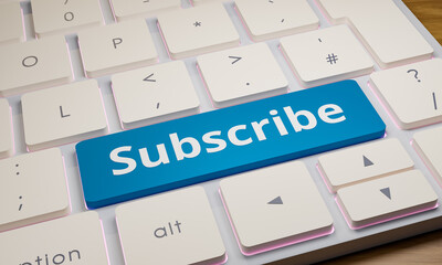 Subscribe, get informed with news. White computer keyboard with one key in blue and the word subscirbe. Following someone in the internet, blog and get upadated with information. 3D illustration