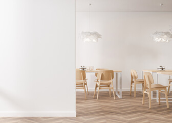 Empty white wall in modern cafe. Mock up restaurant interior in contemporary style. Free, copy space for your advertising banner, artwork, picture, text, or other design. Empty space. 3D rendering.