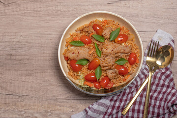 Fried rice with pork with chili paste. Thai spicy food.