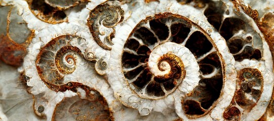 Elaborate and unique calcified ammonite sea shell spirals embedded into rock. Prehistoric fossilized beauty of an ancient past with colorful pearlescent texture and surface patterns art.