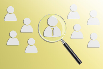 HRM or Human Resource Management searching. Using Magnifier glass to businessman icon. For recruitment or human development concept.