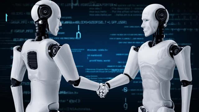 Futuristic robot artificial intelligence huminoid AI programming coding technology development and machine learning concept. Robotic bionic science research for future of human life. 3D rendering.