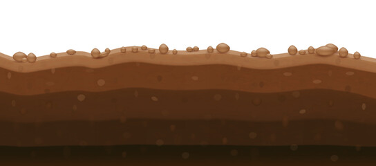 Layer fertile soil brown with minerals. Sections of chernozem and clay layers with stones farm field for planting. Geology agriculture concept. Vector illustration.