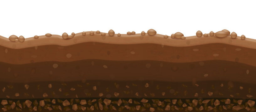 Layer fertile soil brown and stones. Mineral particles, sand, humus, clay and natural fertilizer. Geology agriculture education concept. Vector EPS10 illustration.