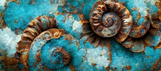Elaborate and unique calcified ammonite sea shell spirals embedded into rock. Prehistoric fossilized beauty of an ancient past with colorful iridescent texture and surface patterns art. - obrazy, fototapety, plakaty