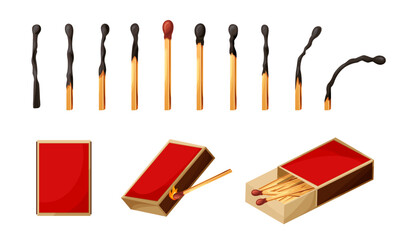 Match box with burnt sticks. Set of matchsticks with sulfur head flaming stages from ignition to extinction. Cartoon spark bonfire vector illustration