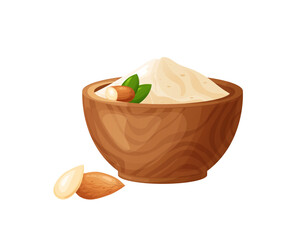 Almond flour in wooden bowl with seeds. Healthy gluten free food. Powde in organic product. Vector illustration isolated on white background
