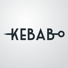 Comida rápida. Restaurante tradicional turco. Logotipo con texto Kebab como brocheta en fondo gris