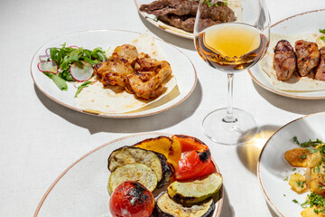 Caucasian lunch with wine