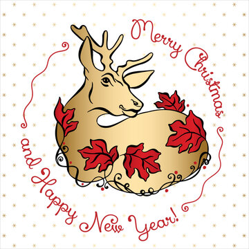 2023 New Year's card. Christmas and New Year collection. Animal gold roe deer framed by red leaves ornament. Vector illustration on white. Hand painted. Perfect for invitations and greeting cards.