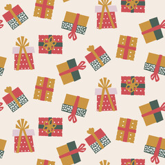 Seamless background with different gifts. Festive wrapping paper. Birthday or Christmas gifts