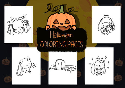 Cute Halloween Coloring Pages Pack. Set of Clipart Halloween Rabbit for Coloring Page. Doodle Kawaii Halloween Bunny. Set of Five Outline Animals Vector, for Halloween Coloring Book.
