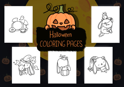 Collection of Halloween Coloring Pages. Collection of Kawaii Outline Halloween Bunny. Doodle Kawaii Halloween Rabbit. Set of Five Outline Animals Vector, for Halloween Coloring Book.
