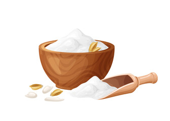 Rice flour in wooden bowl with seeds. Healthy gluten free food. PO7owed in organic product. Vector illustration isolated on white background