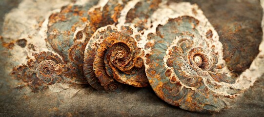 Elaborate and unique calcified ammonite sea shell spirals embedded into rock. Prehistoric fossilized beauty of an ancient past with colorful iridescent texture and surface patterns art.