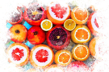 Watercolor cut fruits, organic fresh citrus background, healthy life and vegetarian idea, watercolor painting juicy fruits