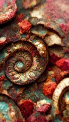 Elaborate and unique calcified ammonite sea shell spirals embedded into rock. Prehistoric fossilized beauty of an ancient past with colorful iridescent texture and surface patterns art.