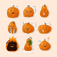 Set of vector stickers of pumpkins in cartoon style with different emotions. Autumn illustrations isolated on background.