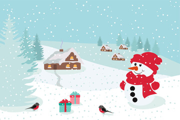 Winter landscape with houses, snowman, gifts and christmas trees