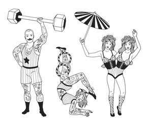 Circus. Vintage icons collection. The strong man, The siamese twins,The Gymnast Girl . Vector illustration.