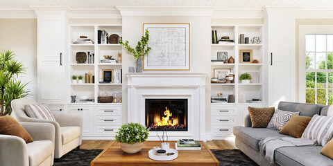 Beautiful living room interior design with fireplace - obrazy, fototapety, plakaty