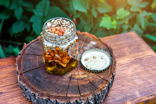 Healthy and delicious honey with various nuts and sunflower seeds