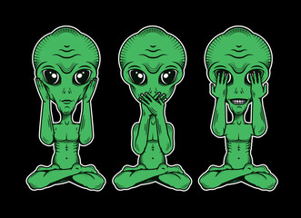 Three Wise Aliens. Hear No Evil, See No Evil, Speak No Evil. Vector  Illustration.