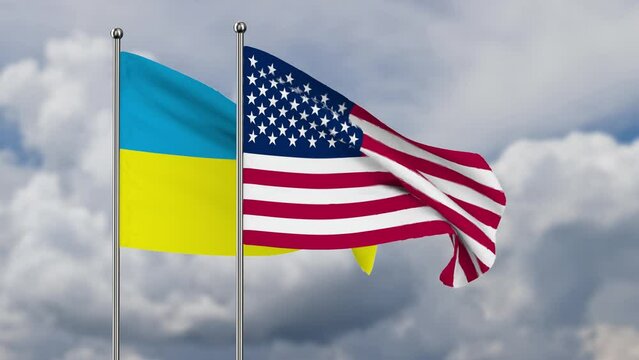 ukrainian and american flag on sky background. 3D render