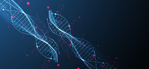 Abstract DNA background with plexus effect. Scientific and technological concept.