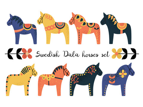 Hand drawn set with cute Swedish Dala horses with ornaments, isolated on white vector illustration in flat style